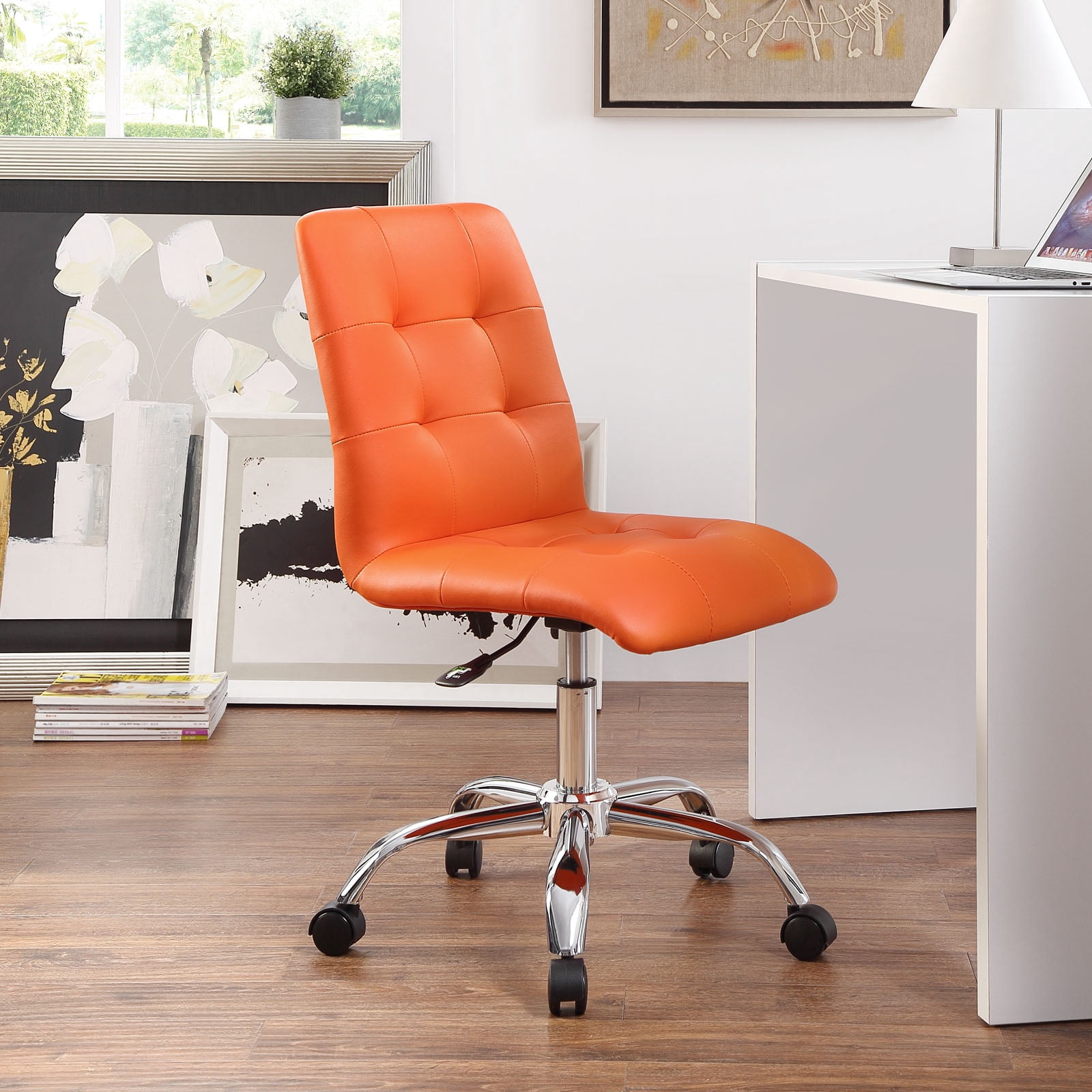 Modway Prim Modern Faux Leather Armless Mid Back Office Chair in Orange