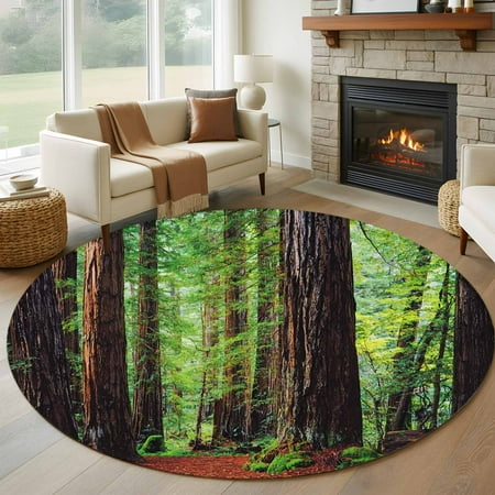 Round Rugs 5 Ft Forest Non Slip Area Rugs for Kitchen Bedroom Entryway Modern Art Summer Botanical Trees Washable Carpet Runner Rug Floor Mats for Bedroom Home Decor