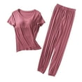thumbnail image 1 of Cameland Ensembles de Pyjama pour Femmes Grande Taille Femmes Couleur Unie Col Rond Manches Courtes avec Coussinet de Poitrine Haut avec Pantalon Ensemble de Tenue d'Intérieur, 1 of 7