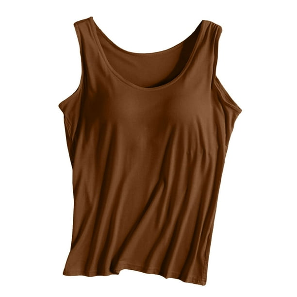 Camiseta deportiva sin mangas de color liso para yoga para mujer: almohadilla en el pecho, sin aros, tirantes anchos, camiseta sin mangas informal, cuello redondo, ropa de verano