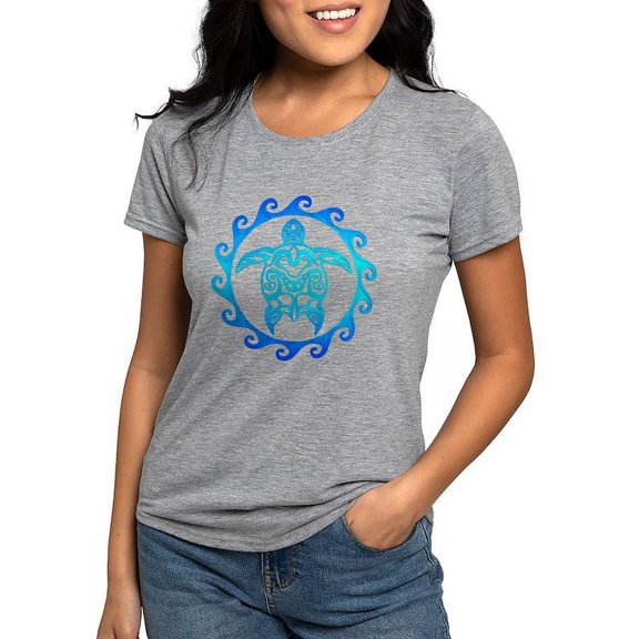 CafePress - Blue Tribal Turtle Sun T Shirt - Womens Tri-blend T-Shirt