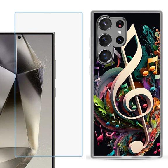For Samsung Galaxy S25 Ultra 5G Phone Case Cover with Tempered Glass Screen Protector, by OneToughShield - Music Notes Colorful