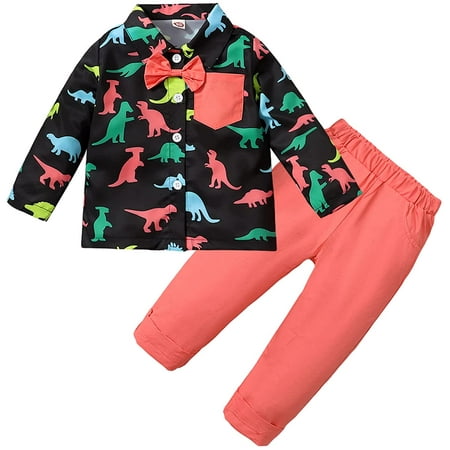 

ZOELNIC Toddler Boys Baby Gentleman Outfits Dinosaur Bow-tie Shirts Pants Casual Wedding Birthday Party Clothes Set 4T