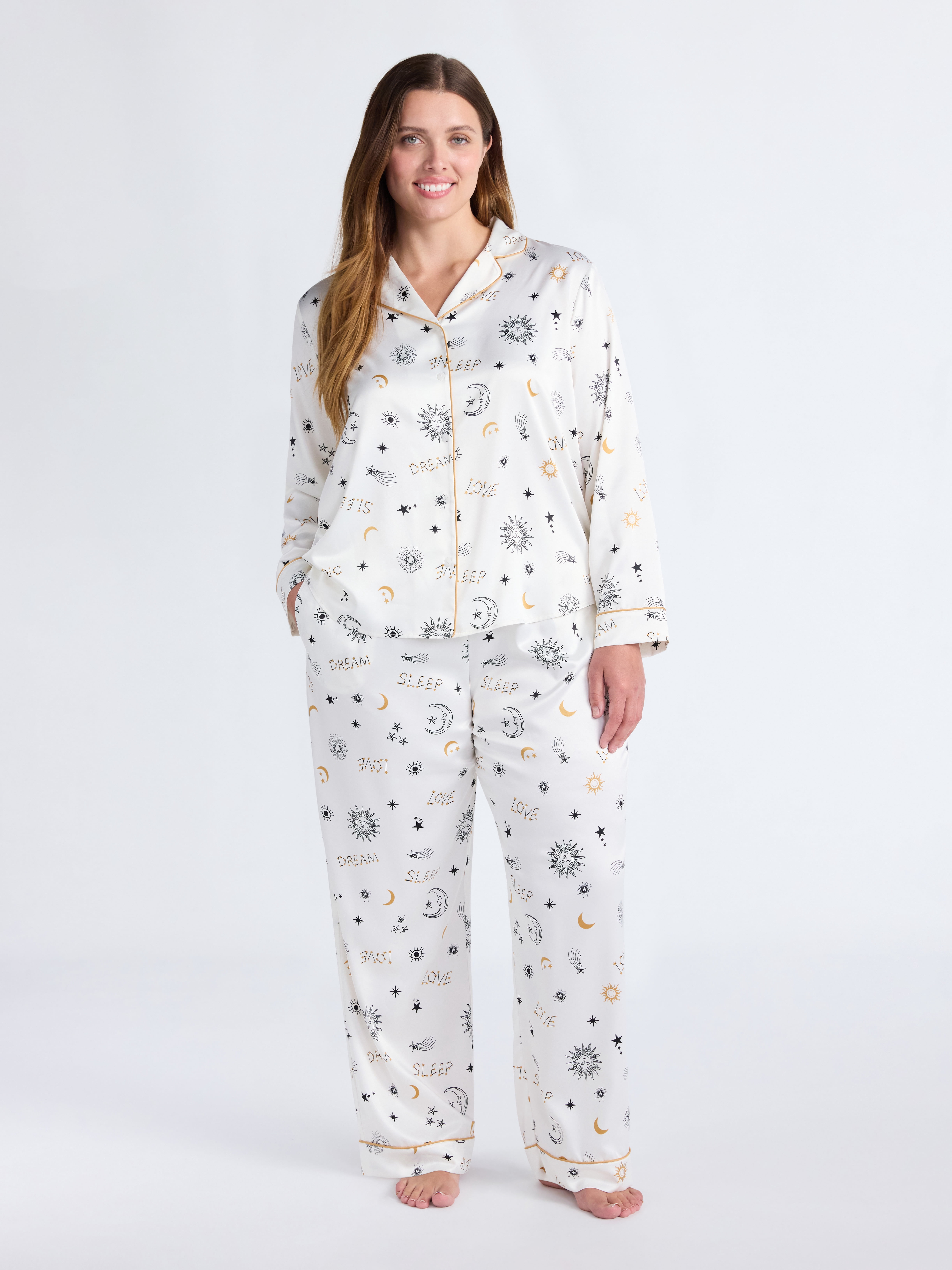 Joyspun Women’s Stretch Satin Notch Long Sleeve Top and Pants Pajama Set, 2-Piece, Sizes XS-3X