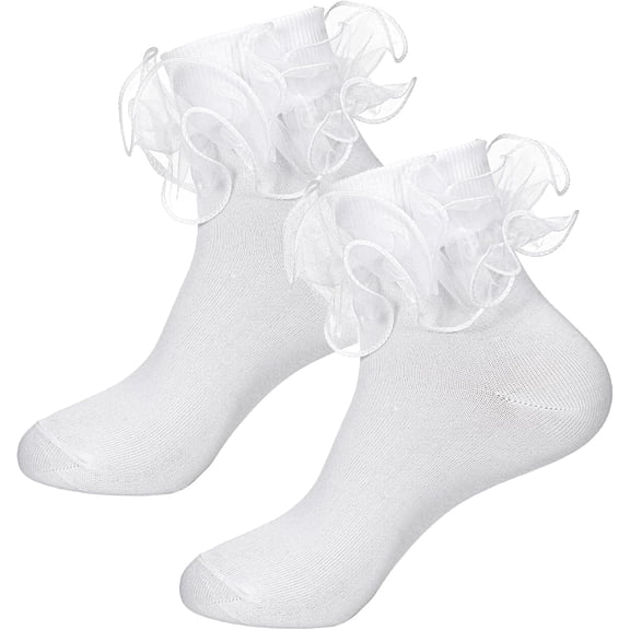 Womens White Ruffle Socks, White Frilly Socks with Lace Frilly Edge, Soft Cotton Blend Breathable for Women Girls