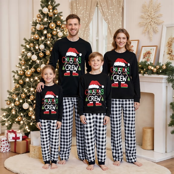 AIGUR Unisex Family Matching Christmas Loungewear Set Xmas Gnome Christmas Crew Letter Print Crew Neck Tops Black White Check Plaid Jogger Pants Holiday Pajamas for Adults