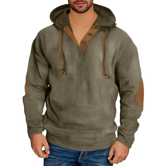 Long Sleeve Shirts for Men Workout New Mens Vintage Corduroy Button up Hoodies Fall Long Sleeve Drawstring Pullover Sweatshirt with Elbow Patch Army Green L