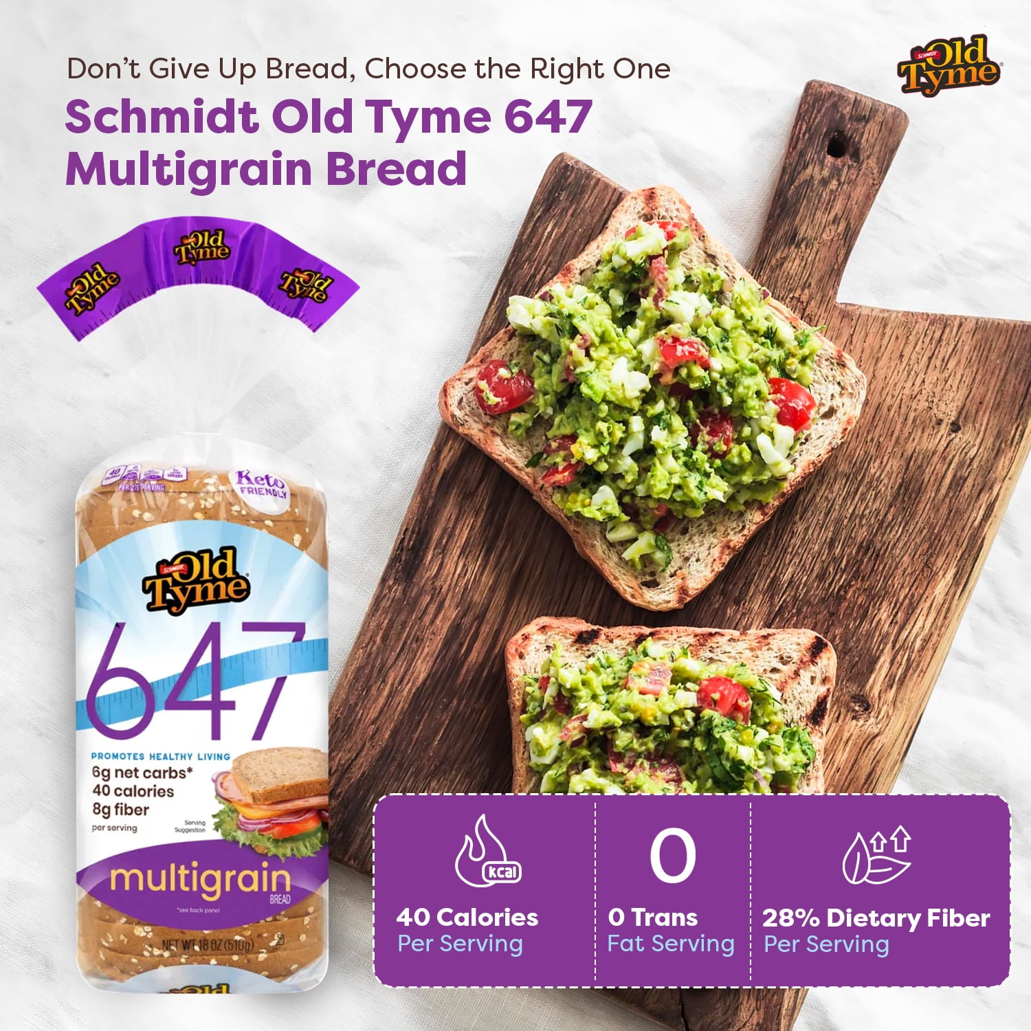 Schmidt Old Tyme 647 Multigrain Bread, Keto, Low Carb, 40 Cal, High Fiber, 18oz Loaf