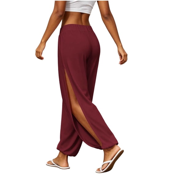 Levmjia Women Solid Color Side Slit Wide Leg Pants High Waisted Elastic Waist Casual Yoga Trousers for Summer Beach Vacation