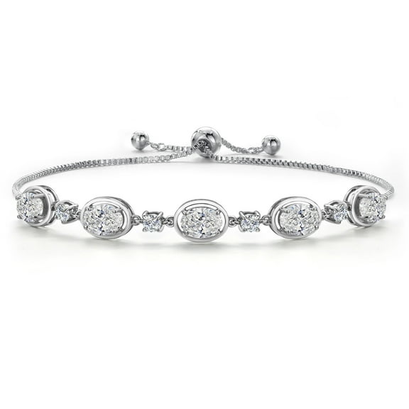 Gem Stone King 925 Sterling Silver White Lab Grown Diamond Bracelet for Women | 3.50 Cttw | Gemstone April Birthstone | Oval 7X5MM | Fully Adjustable 9 inch