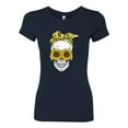 thumbnail image 2 of Skull Sunflower Skeleton Bandana Inspirational/Christian Womens Slim Fit Junior Tee, Navy, Small, 2 of 3