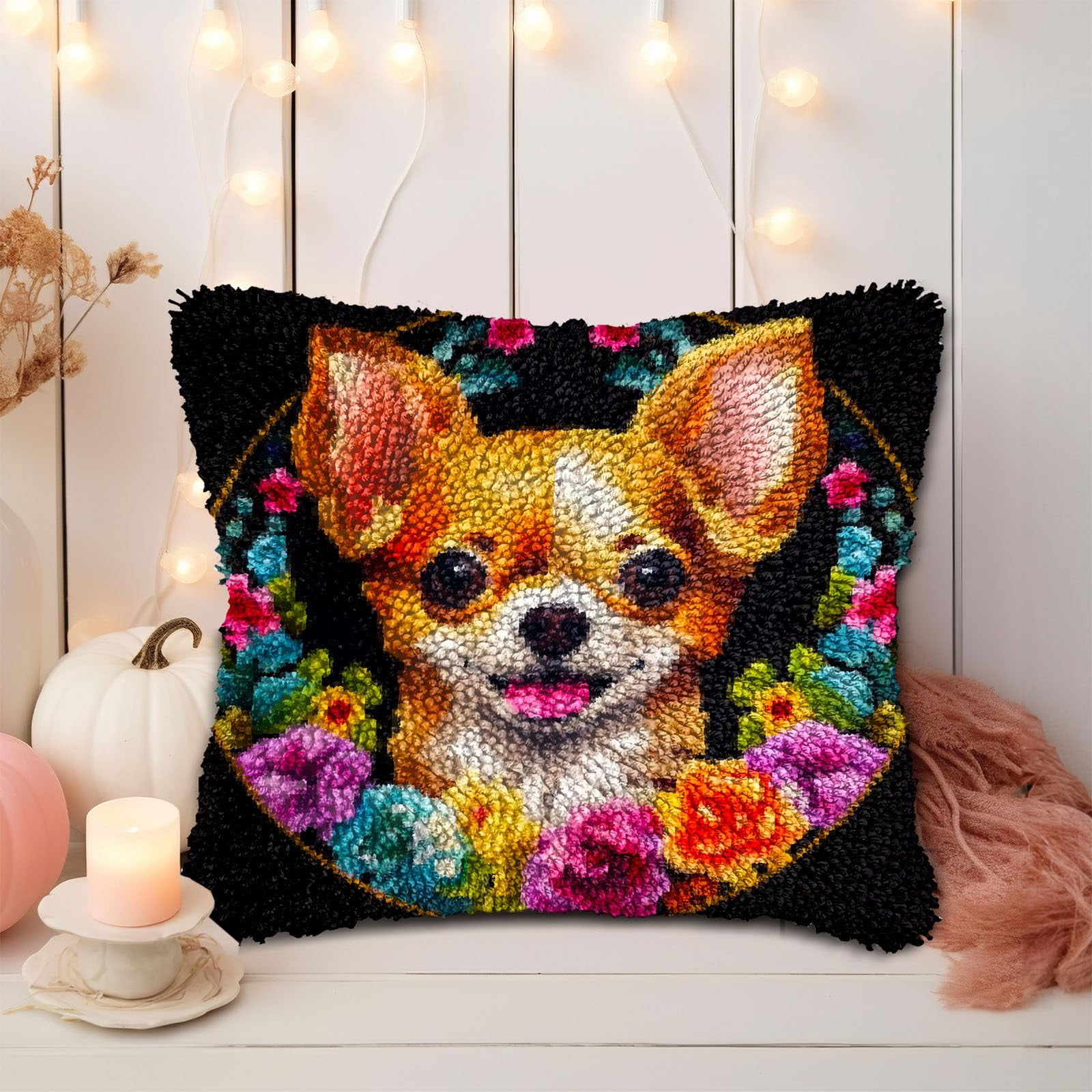 Cute Cartoon Chihuahua Dog in Flower Circle DIY Latch Hook Pillow Kits for Adults Printed Pillowcase Crochet Yarns Hooking Handmade Pillow Cover Cushion for Home Sofa Decoration 17x17inch