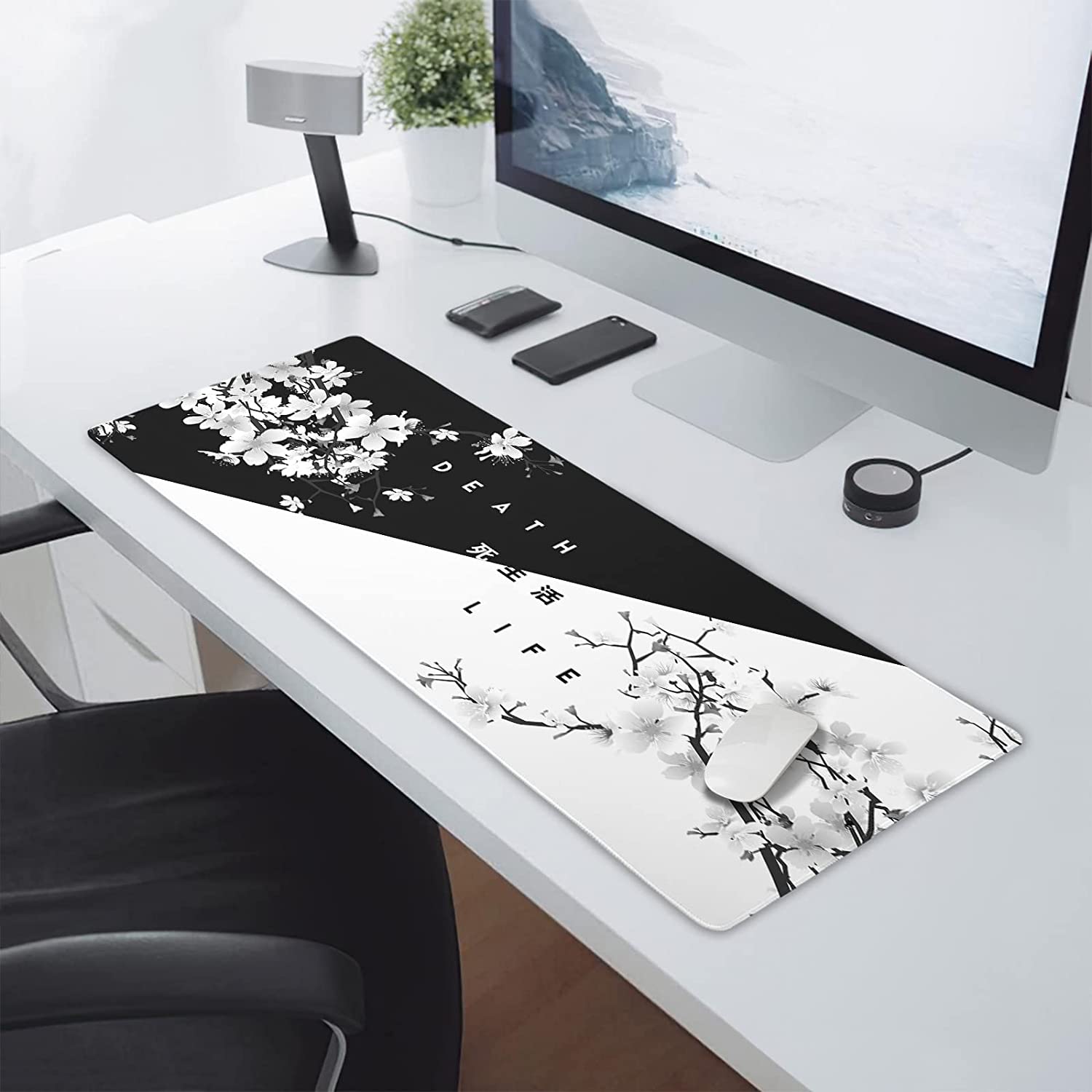 Black White Cherry Blossom Mouse Pad Japanese Sakura Death Life Extended Desk Mat 80X30 cm Non-Slip Rubber Base Stitched Edge Large XL Playmat for Gaming Laptop Computer PC Desktop,31.5×11.8 Inch