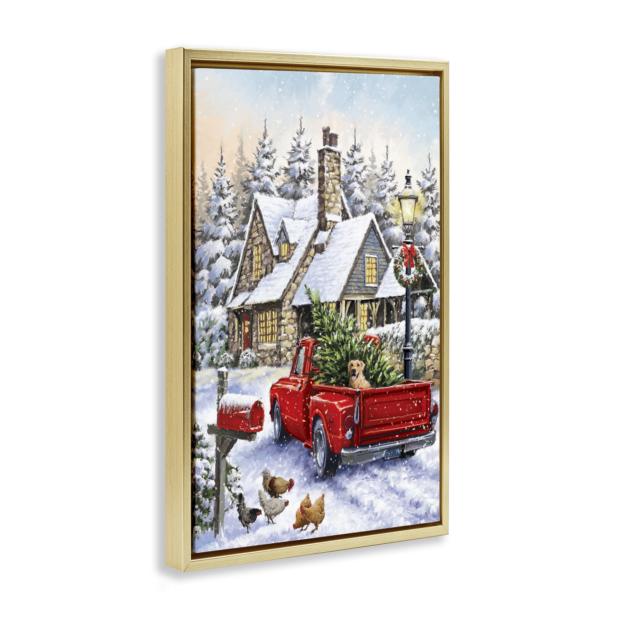 Stupell Industries Rustic Holiday Scene Holiday Painting Gold Floater Framed Art Print Wall Art, 17 x 25