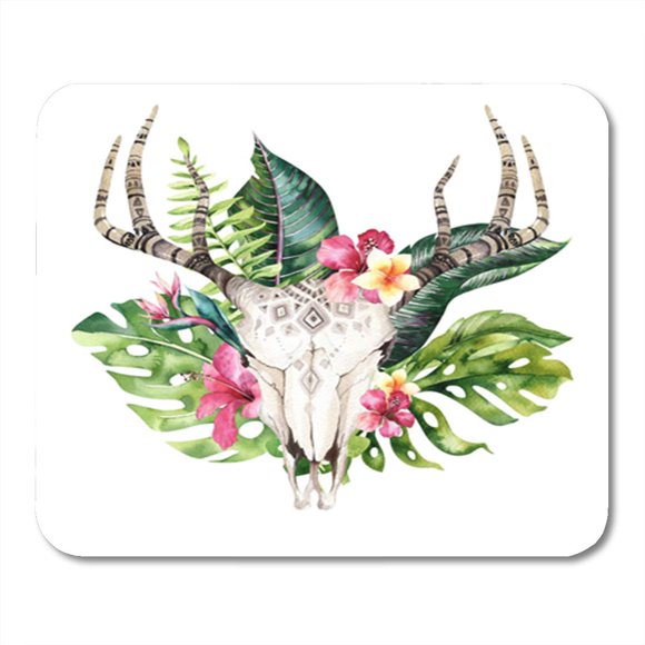 NUDECOR Watercolor Bohemian Cow Skull and Tropic Palm Leaves Western Deer Mousepad Mouse Pad Mouse Mat 9x10 inch