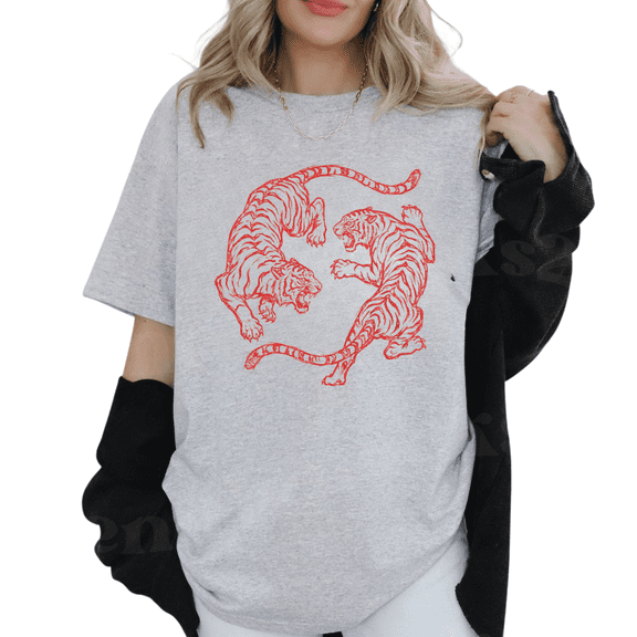 Vintage Tiger T Shirt for Women, Red Line Art Graphic Tee, Asian Inspired Tshirt, Wild Animal Lover Gift for Her