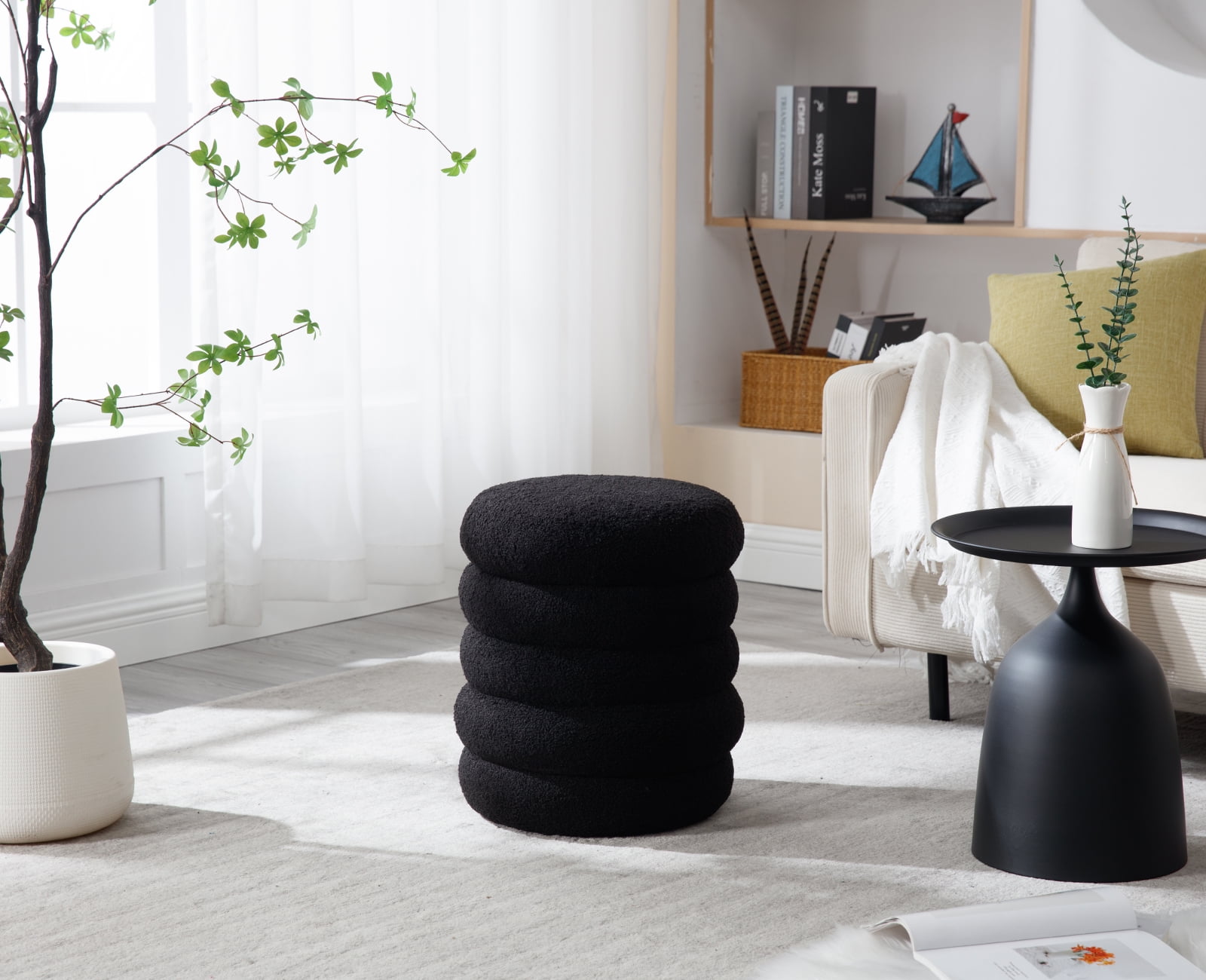 Guyou Round Storage Ottoman, Upholstered Sherpa Footstool, Small Boucle Vanity Stool, Round Side Coffee Table Padded Seat for Living Room Bedroom Aisle Bedside, Black