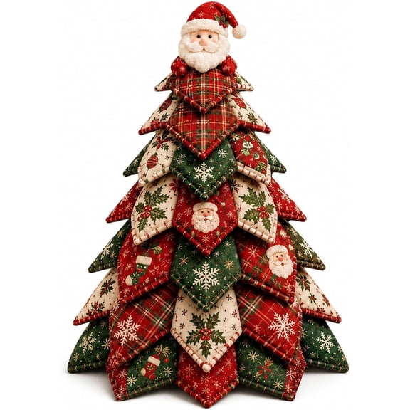 DIY Quilted Christmas Tree Kit - Handmade Fabric Patchwork Craft Set with Elf Topper, 3D Holiday Sewing Project, Christmas Decorations for Home Tabletop Decor, Festive Gift for Adults