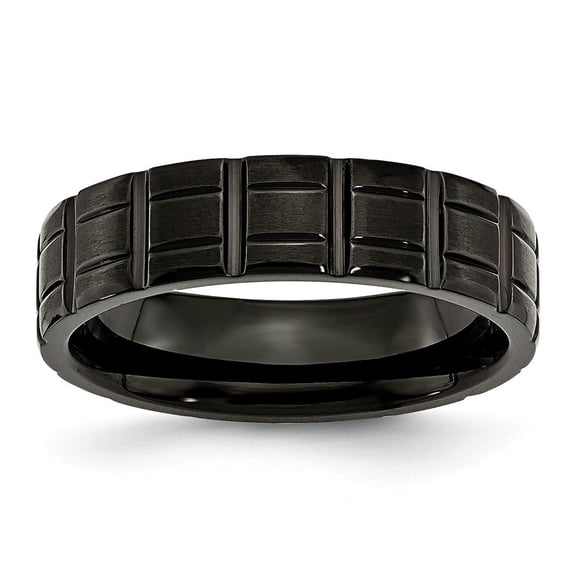 Black Titanium Notched 6mm Brushed and Polished Band Ring - Size 10.5