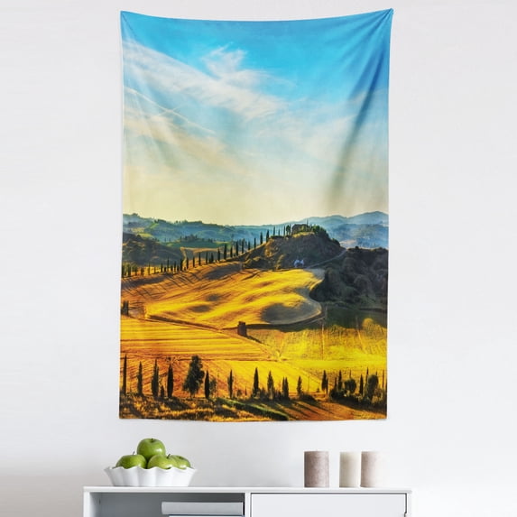 Landscape Tapestry, Scenery of Italian Rural with Trees Meadows and Sky Mediterranean Farm Landscape, Fabric Wall Hanging Decor for Bedroom Living Room Dorm, 5 Sizes, Blue Yellow, by Ambesonne