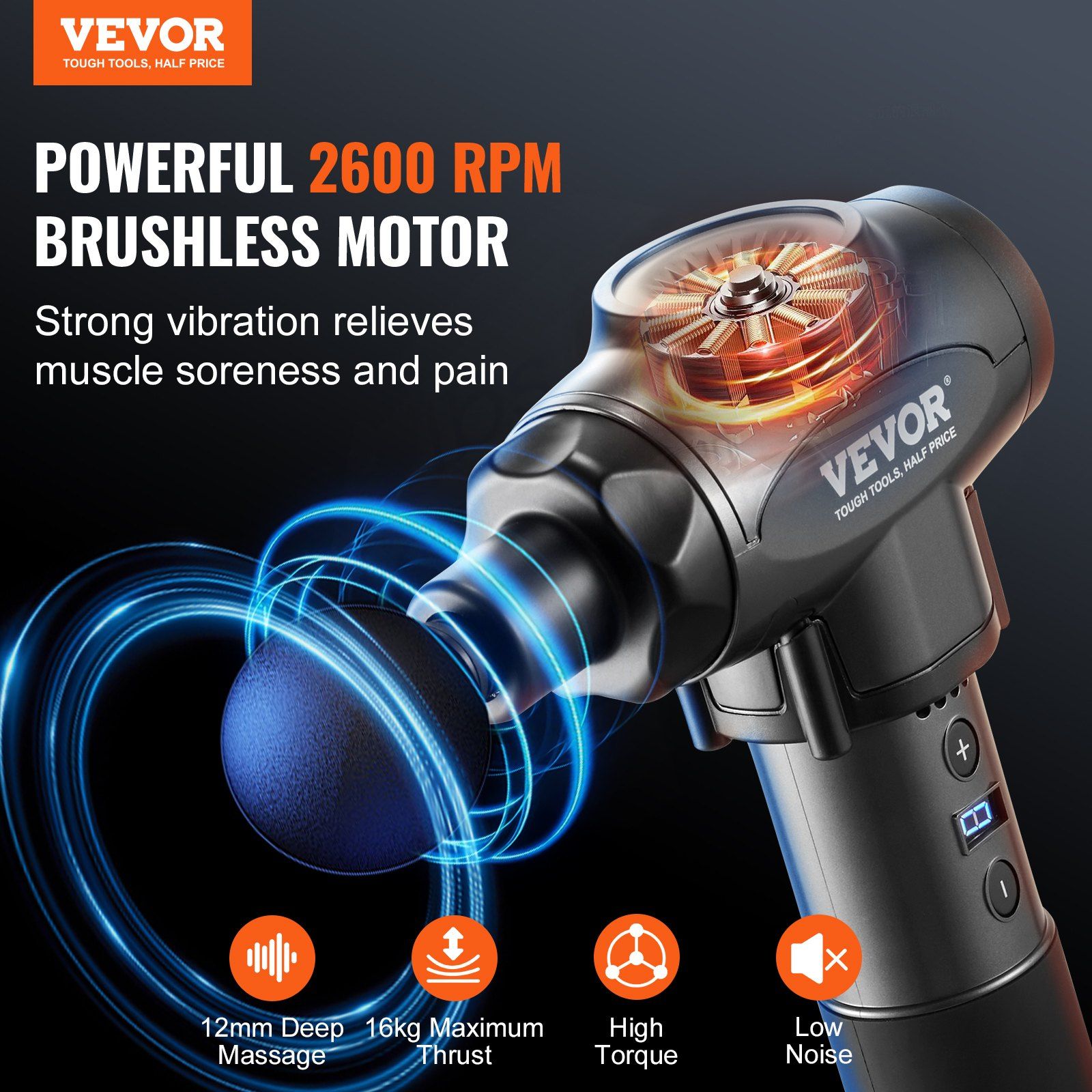 Deep Tissue Massage Gun 9 Speed Levels 6 Heads 24V 2500mAh Battery Percussion Muscle Massager for Athletes Pain Relief Muscle Relaxation