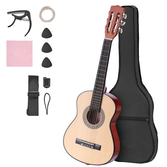 30 Inch Classical Guitar Starter Kit for Beginners with Nylon Strings Gig Bag Strap Tuner Extra Strings Picks Capo Basswood Natural Finish