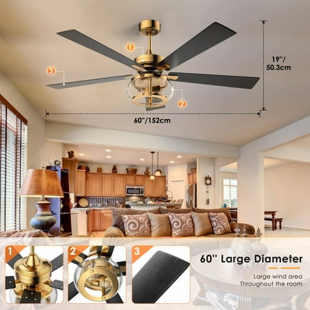 

TOPQSC 60 Blade Ceiling Fan with Lights and Remote 5-Blade Low Profile Lighting Ceiling Fans with Quiet DC Motor Indoor Outdoor Ceiling Fans for Patios Black&Gold Y68
