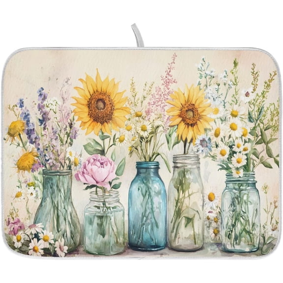 Spring Floral Jars Rustic Dish Drying Mat for Kitchen Counter Absorbent Microfiber Small Drying Pad Flowers Dish Mats for Kitchen Countertops 16 x 18 Inch