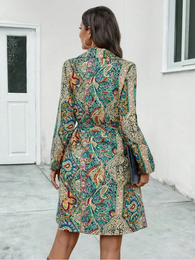 polyester elastane fabric dress Women's Printed Collared Neck Long Sleeve Dress featuring 95% polyester  fabric and 5% elastane fabric for everyday wear