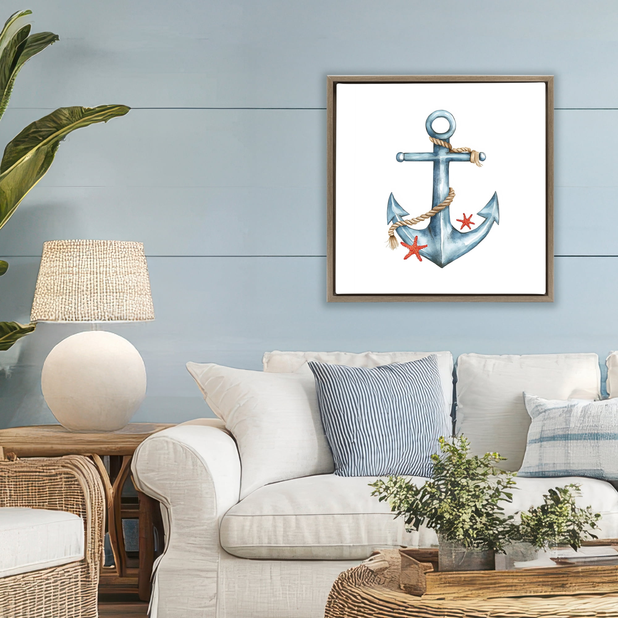 Stupell Industries Cute Sailor Anchor with Starfish Brown Framed Floater Canvas Wall Art, design by LSR Design Studio