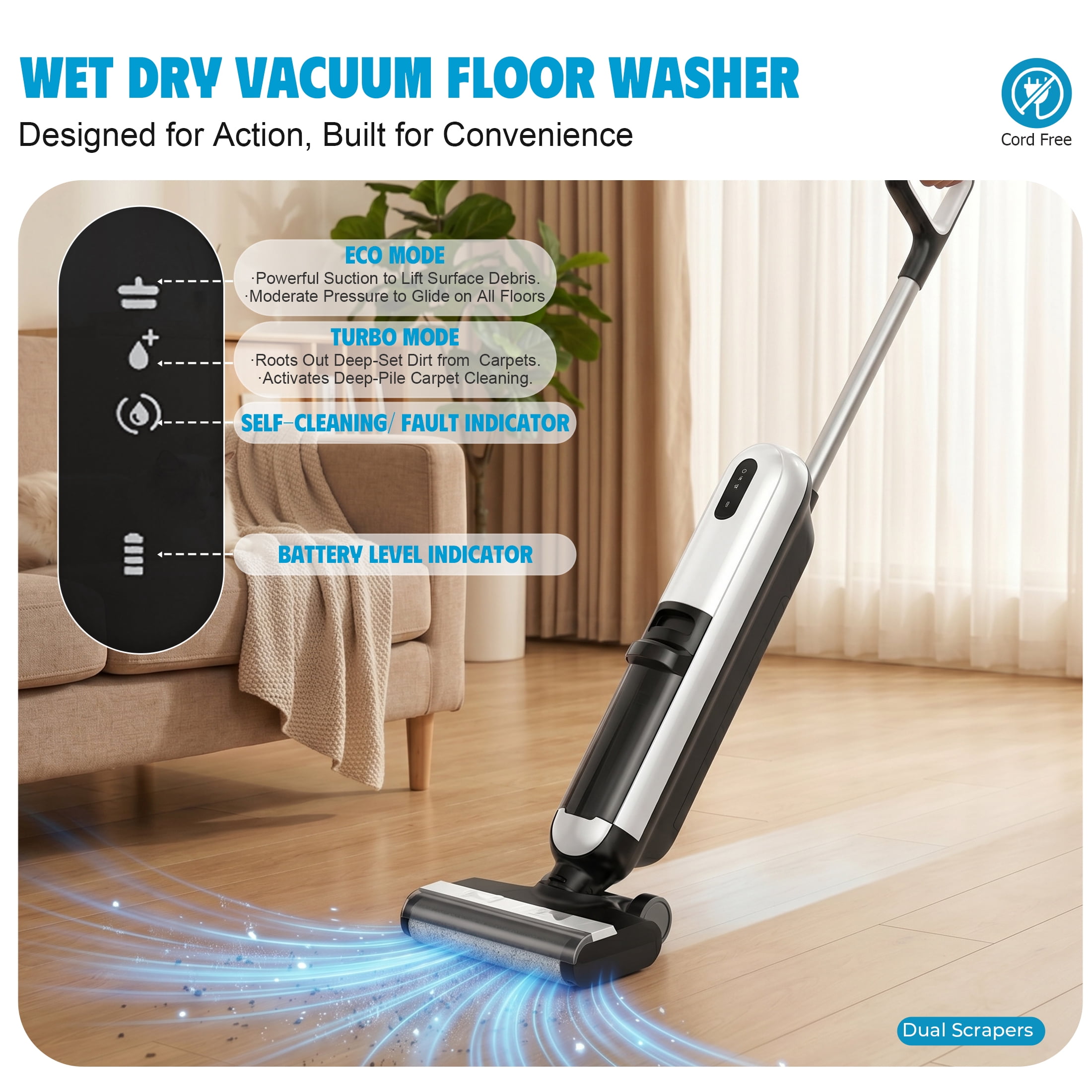 CONCETTA Wet/Dry Vacuum Cleaner of Cordless Design, Powerful Suction, Auto Self-Cleaning, Edge Clean, White