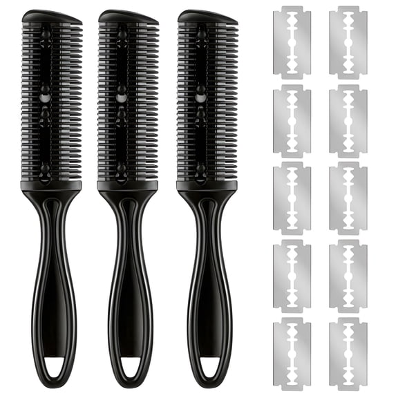 VANIDO 3 Pcs Double Sided Hair Razor Comb Set with 10 Stainless Steel Blades, Professional Hair Cutting Tool for Styling