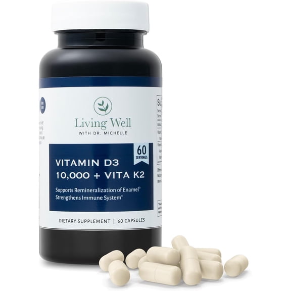Living Well with Dr. Michelle Vitamin D3 10,000 IU with K2  Immune, Teeth, Bone Health Support, Non-GMO, Gluten & Dairy Free, 60 Day Supply, 60 Capsules
