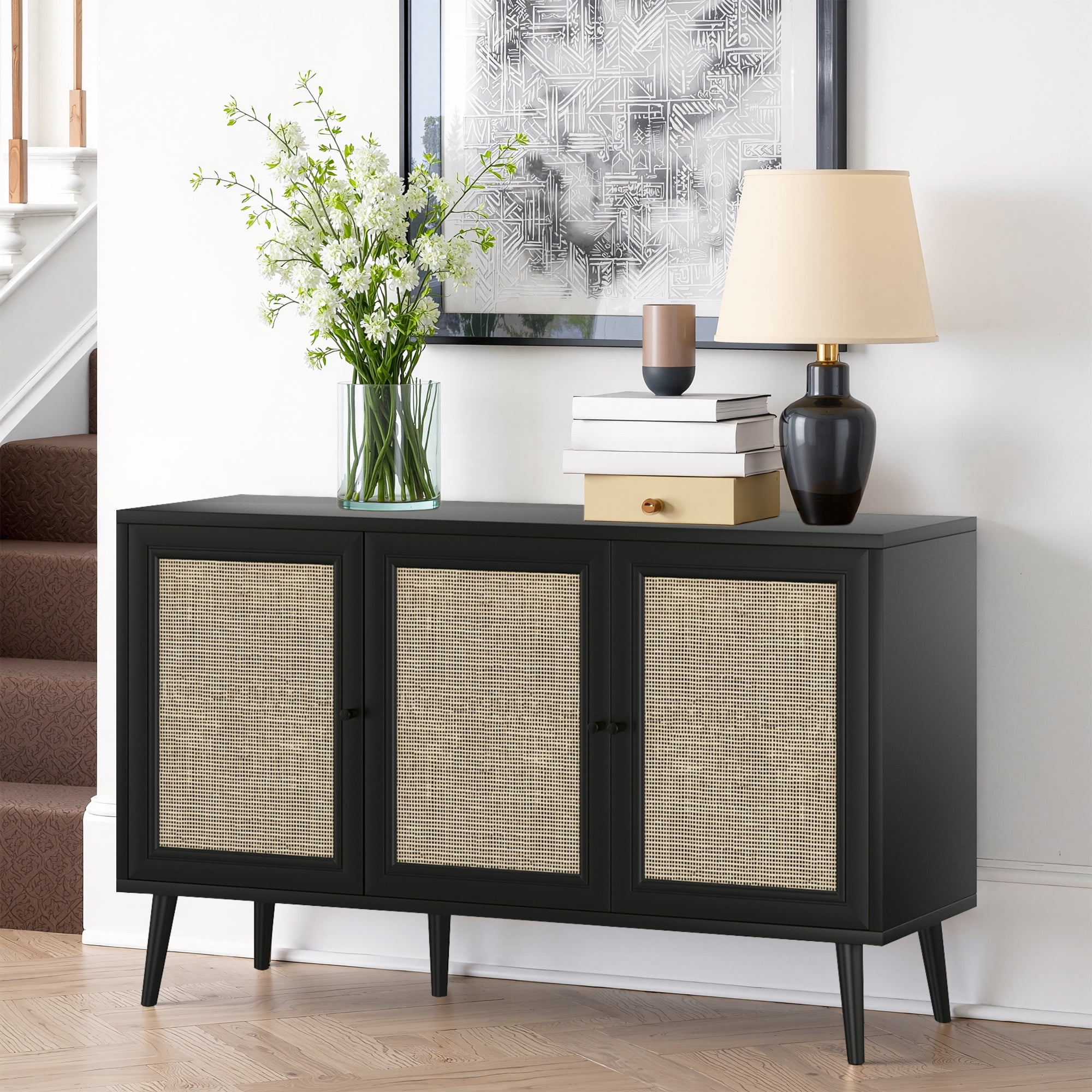 MAYEERTY Black 47*15*28"Rattan-Fronted Sideboard Cabinet with 3 Doors for Dining Room & Entryway Storage