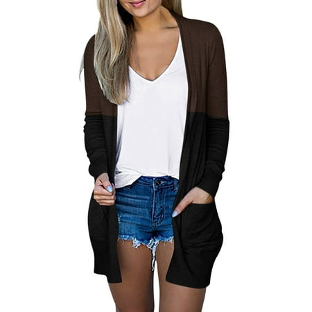 

Wiueurtly Women Simple Solid Color Blocking Casual Long Sleeve Double Pocket Cardigan Jacket Scrub Cardigan for Women Zipper Hooded Cardigan Sweater Jacket