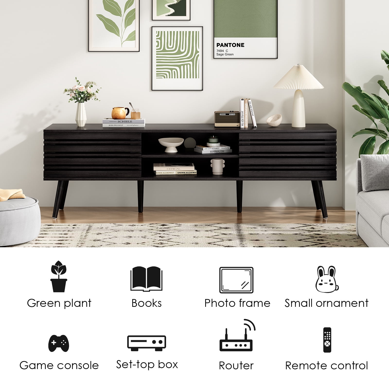 Hommoo Mid Century Modern TV Stands up to 70", Wooden Home Entertainment Center TV Console Cabinet with Sliding Tambour Door & Adjustable Shelves, Black