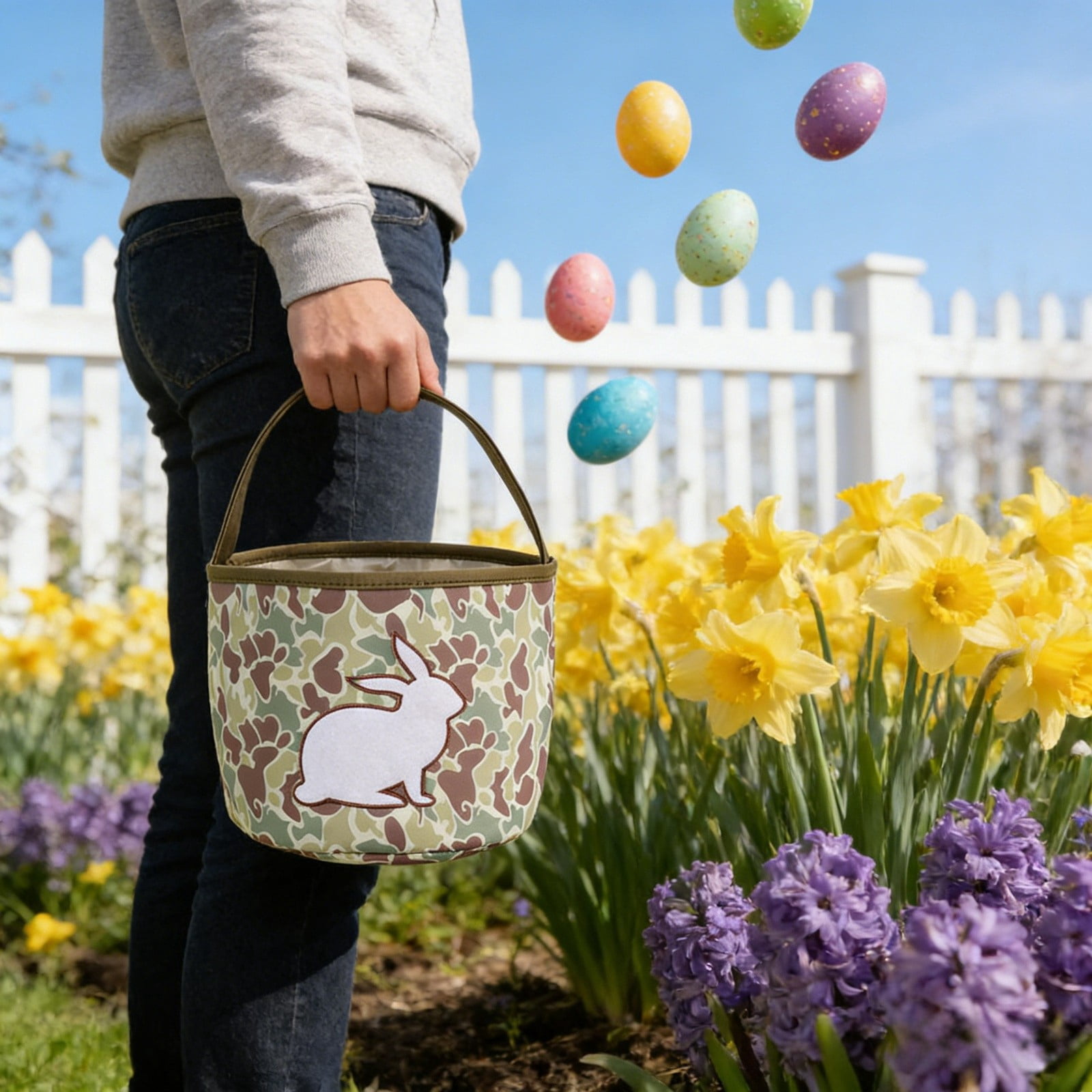 Gytml Easter Bunny Basket Egg Bags,Canvas Cute Cotton Personalized Candy Egg Basket Rabbit Print With Handle Buckets Gifts Bags For Easter B-23cm