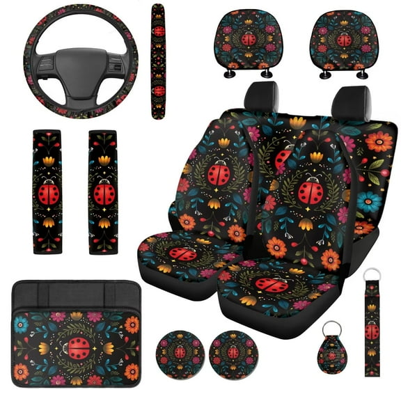 Garronmavis Ladybug Flower 14 Pack Car Seat Covers Full Set with Head Rest Protector Steering Wheel Cover Armrest Cover Seat Belt Covers Coaster and Keychain Non-Slip Universal for Auto Car SUV