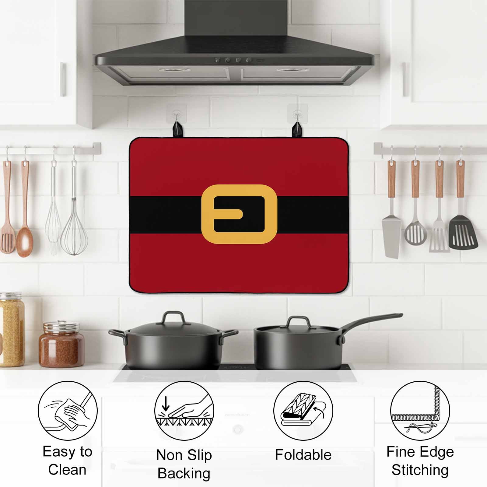 Christmas Santa Stove Top Cover for Electric Stove, Heat-proof & Non Slip Glass Top Stove Cover Protector, Black Golden Belt Red Backdrop Kitchen Flat Cooktop Rubber Mat 24x21 Inches