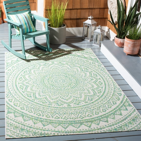 SAFAVIEH Courtyard Josiah Floral Medallion Indoor/Outdoor Area Rug, Ivory/Green, 9' x 12'