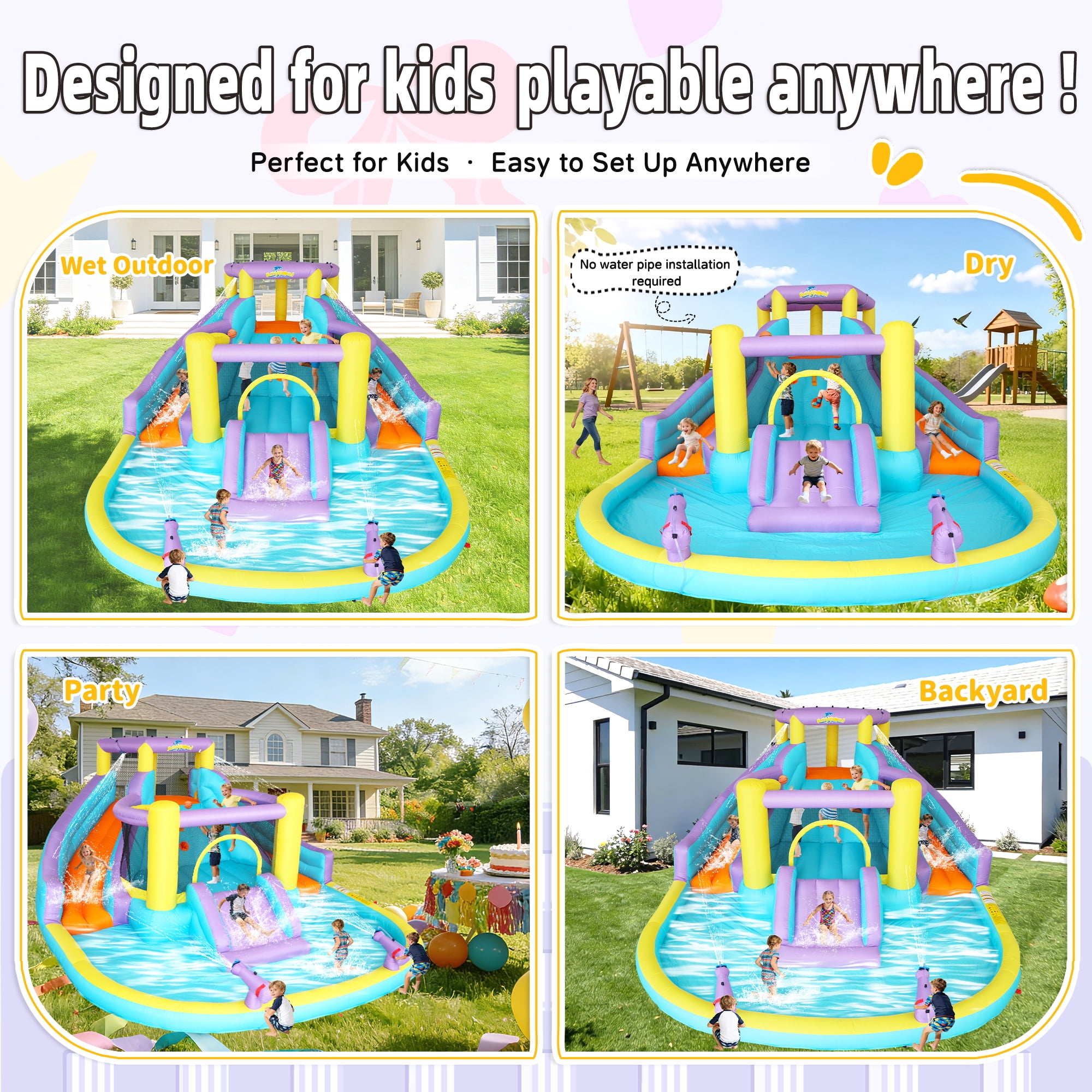 Anypool 7-in-1 Inflatable Water Slide Bounce House with 3 Slides, Splash Pool, Climbing Wall, Water Gun & Basketball 168 x 150 x 78 inches 520W Blower Outdoor Backyard Fun