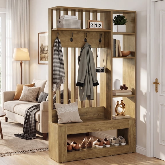 Finmind Wall Room Divider with Shelves and Coat Hooks 4 Hooks, Freestanding Room Partition for Home & Office, Brown