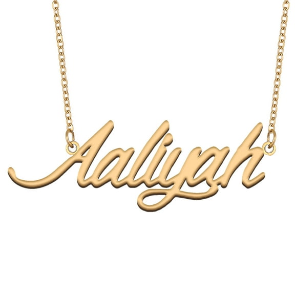 HUAN XUN 18k Gold Plated Aaliyah Name Necklace Stainless Steel Nameplate Necklaces for Womens Mens Mother Day Christmas Jewelry Gift