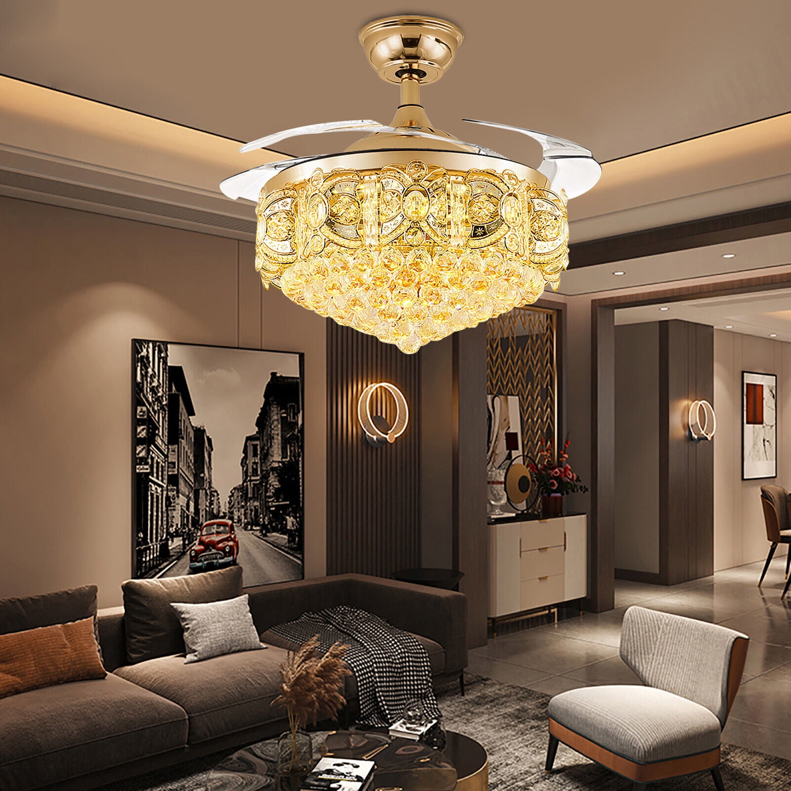 Modern 42" Crystal LED Invisible Ceiling Fan Chandelier Lamp Light Led Lighting W/Remote Gold for 8-25㎡, Living Room, Ding Room, Bedroom