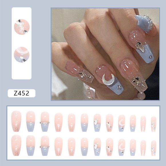 1 Set Artificial Nail Reusable Gloss Full Coverage DIY with Glue Stars Moon Clear Fake Diamond False Press-on Nail Nail Salon Supply