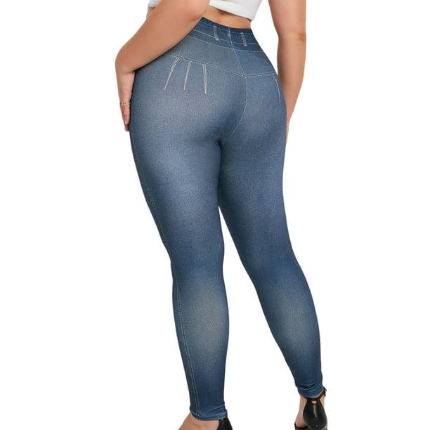 Avamo Women Plus Size Leggings Skinny Fake Jeans High Waist Faux