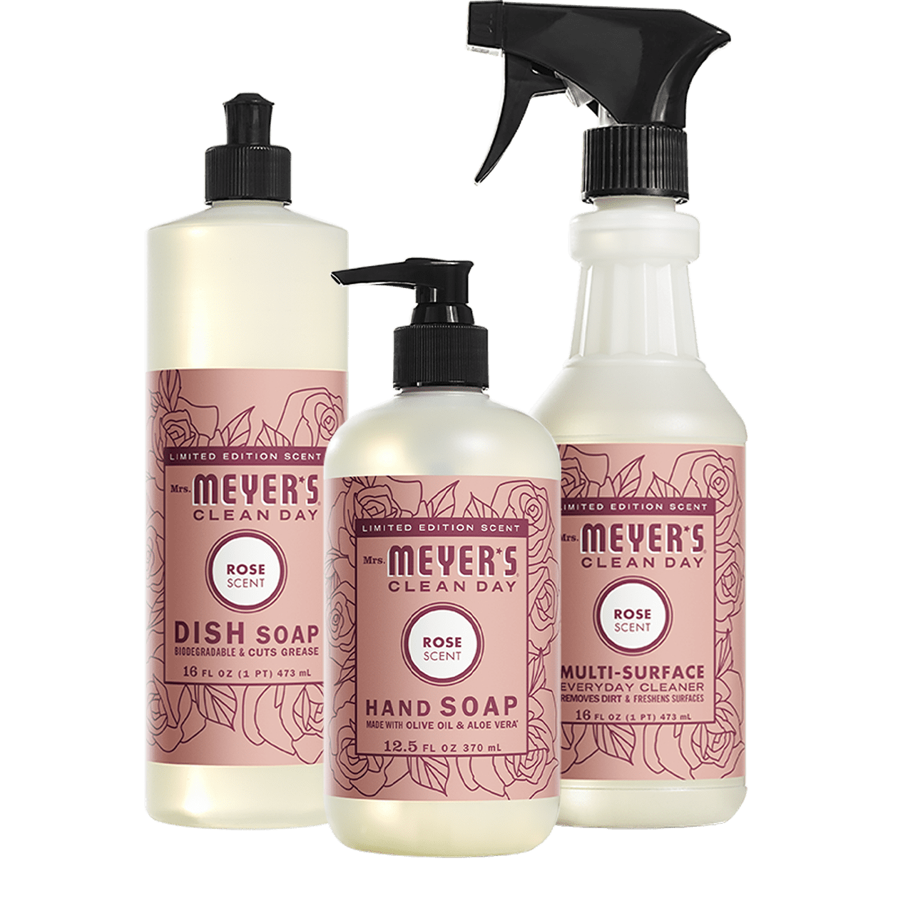 Mrs. Meyer's Rose Kitchen Set, Dish Soap, Hand Soap, MultiSurface