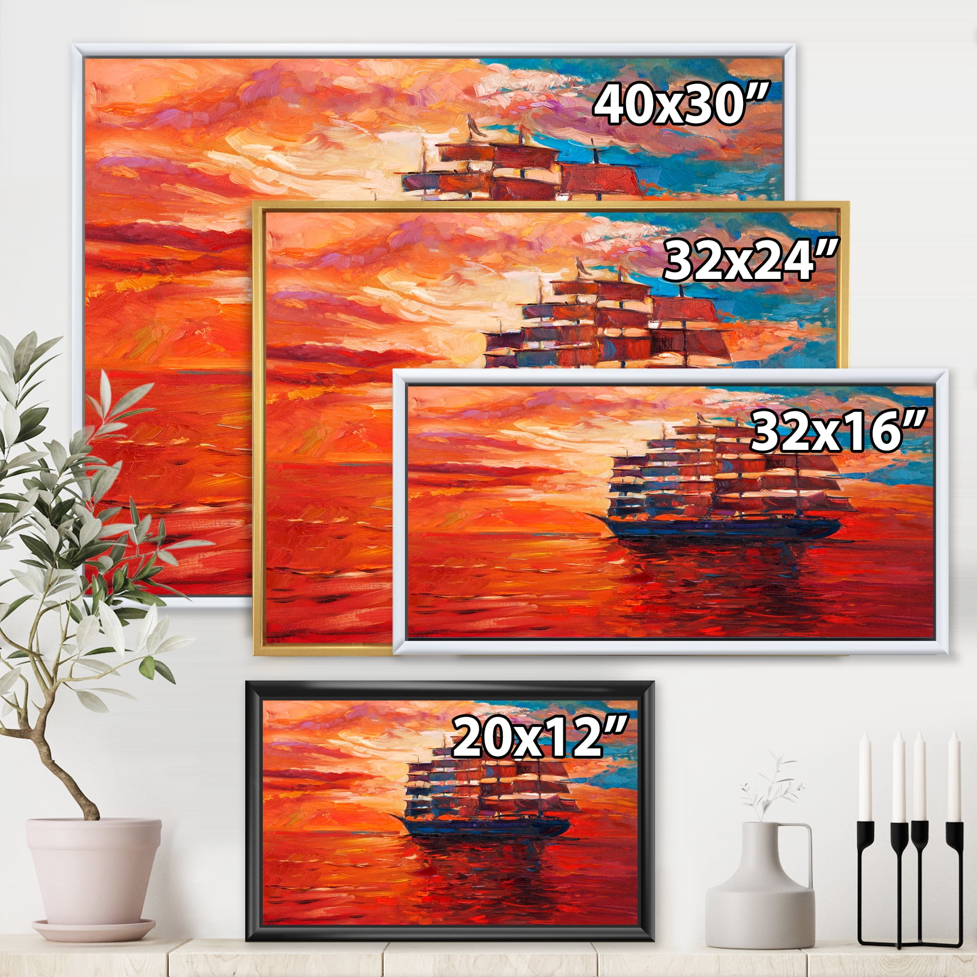 Frigate During Red Evening Glow On The Ocean Horizon 20 in x 12 in Framed Painting Canvas Art Print, by Designart