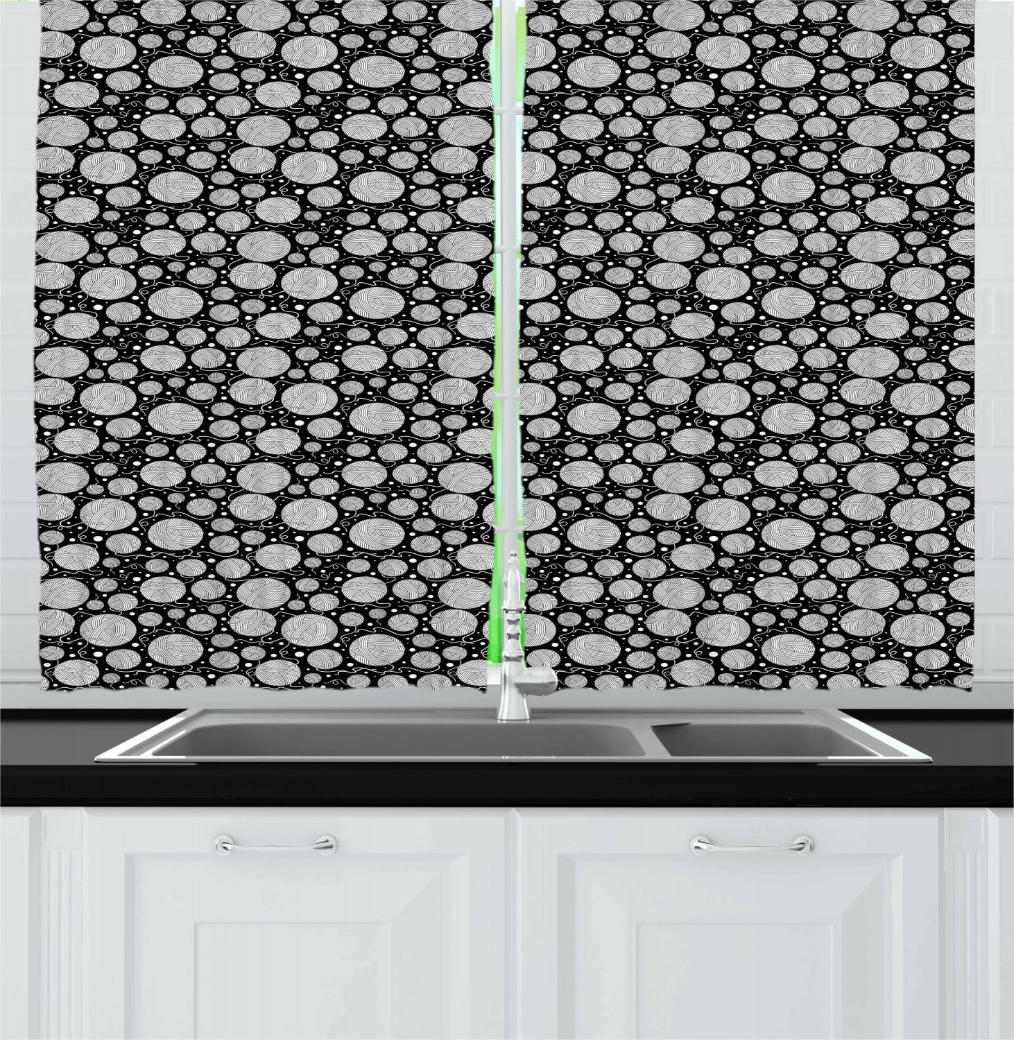 Black and White Curtains 2 Panels Set, Abstract Yarn Balls Thread Motifs and Dots Boho Style Knitting Concept, Window Drapes for Living Room Bedroom, 55W X 39L Inches, Black and White, by Ambesonne
