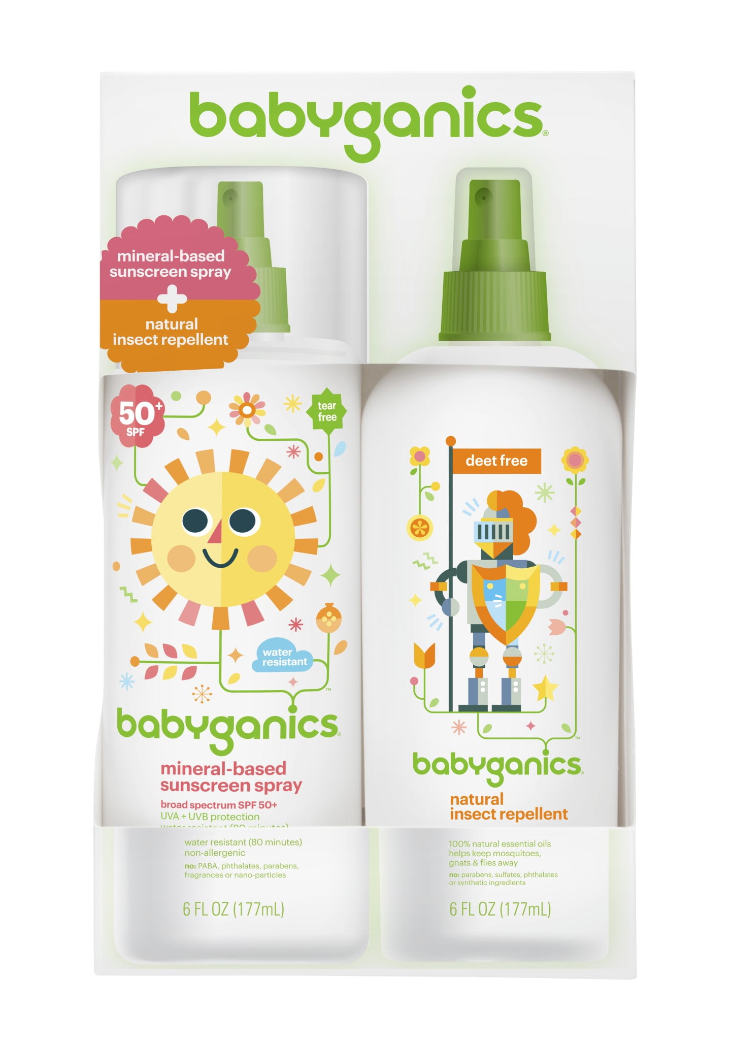 Babyganic Sun & Bug Duo, Sunscreen Spray & Insect Repellent, 6 Oz, 2 Ct